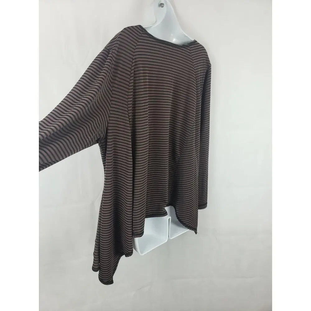 Sophia NYC Made in USA XL Stretch Top Black/Brown Stripes Lagenlook‎ Ruffled
